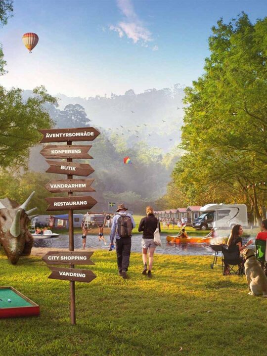 Folk som spelar minigolf, paddlar kanot och badar