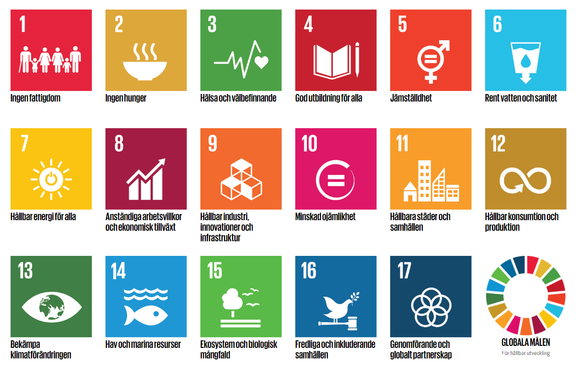 Bild över de 17 oglobala målen för 2030.