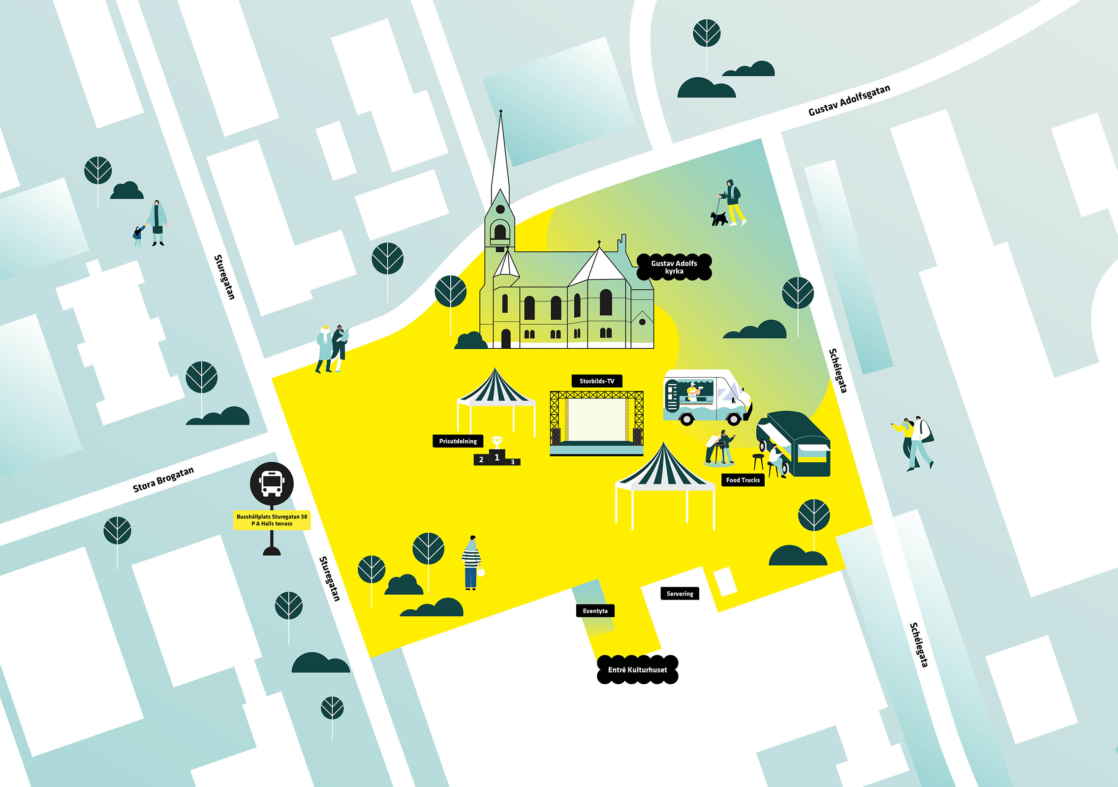 Karta över P A Halls terass under SM-veckan med foodtrucks, scen, gustav adolfs kyrka utmarkerat.