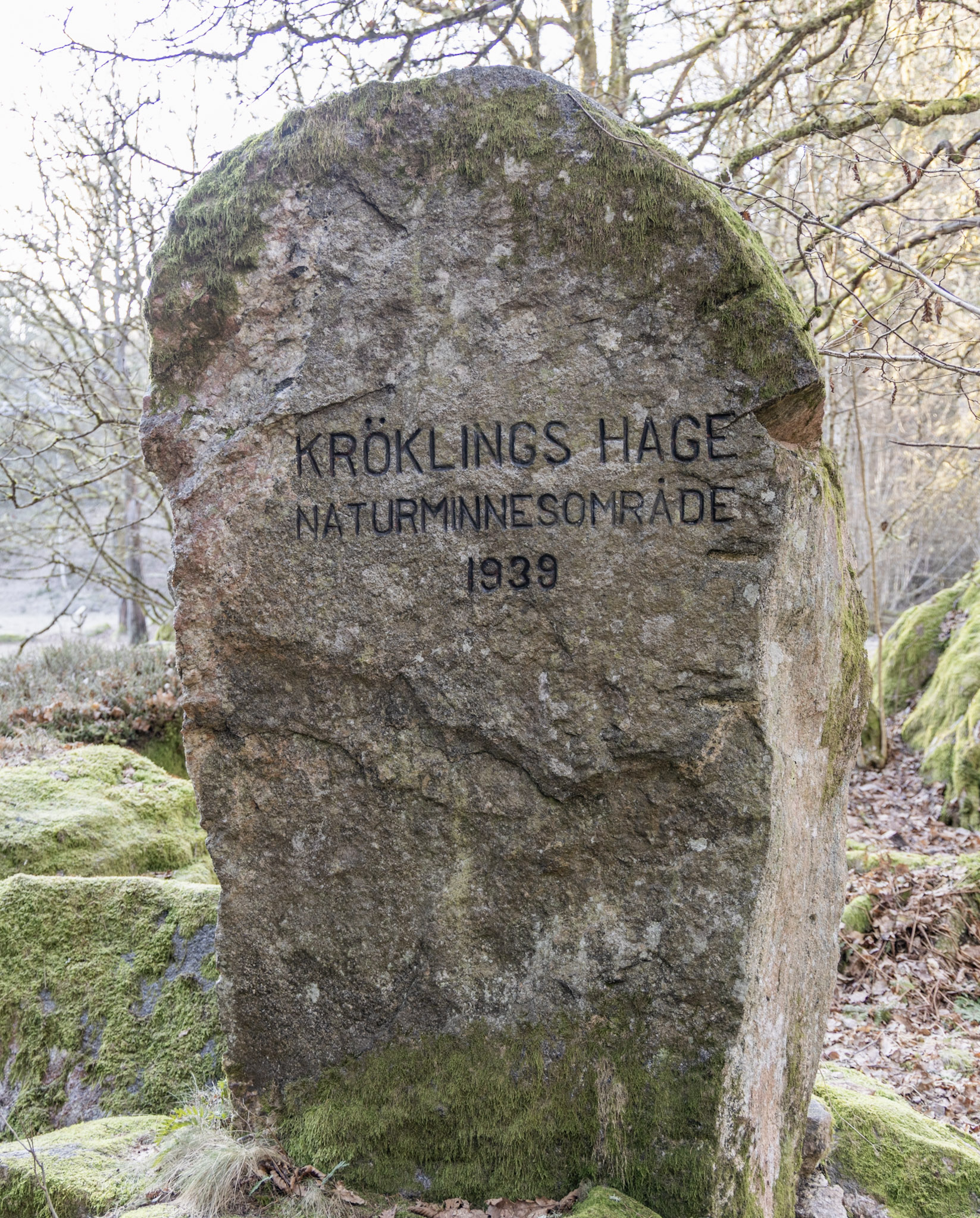 Sten där det står Kröklins hage, naturminnesområde 1939.