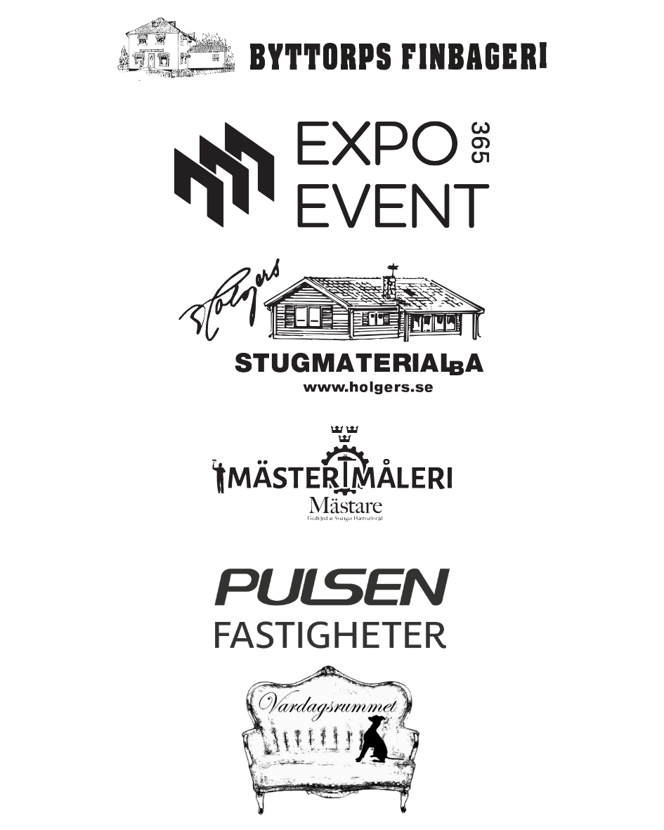 Logotyper: Byttorps finbageri, Expo event, Stugmaterial AB, Mäster Måleri och Pulsen Fastigheter, Vardagsrummet i Borås.